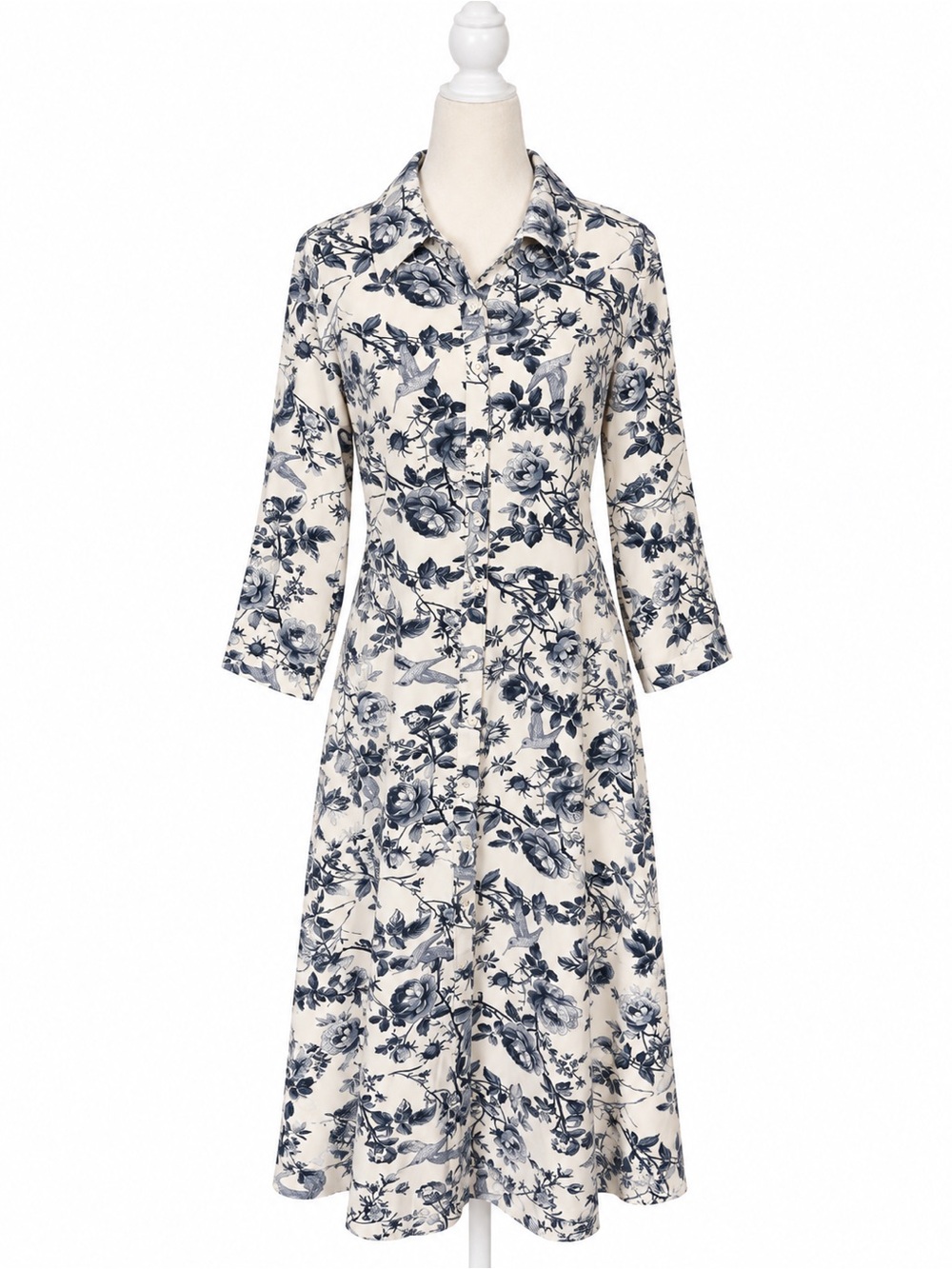 Ashley & Sage Dress M Blue White Floral Bird Toile Button Front Midi Cottagecore